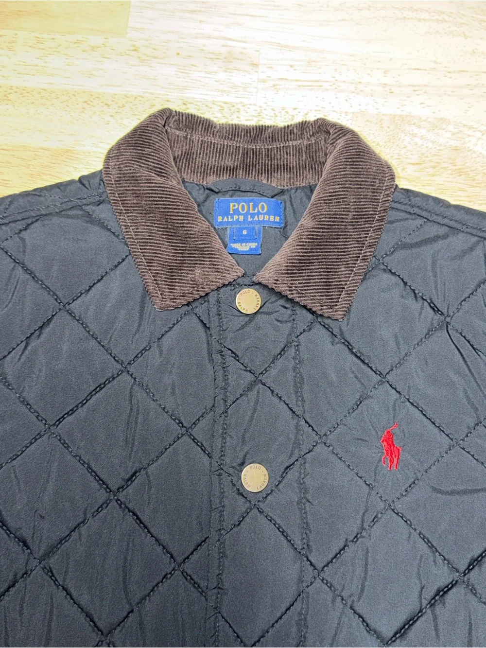 Polo Ralph Lauren Kids Black Quilted Barn Jacket Brown Corduroy Collar Size 6